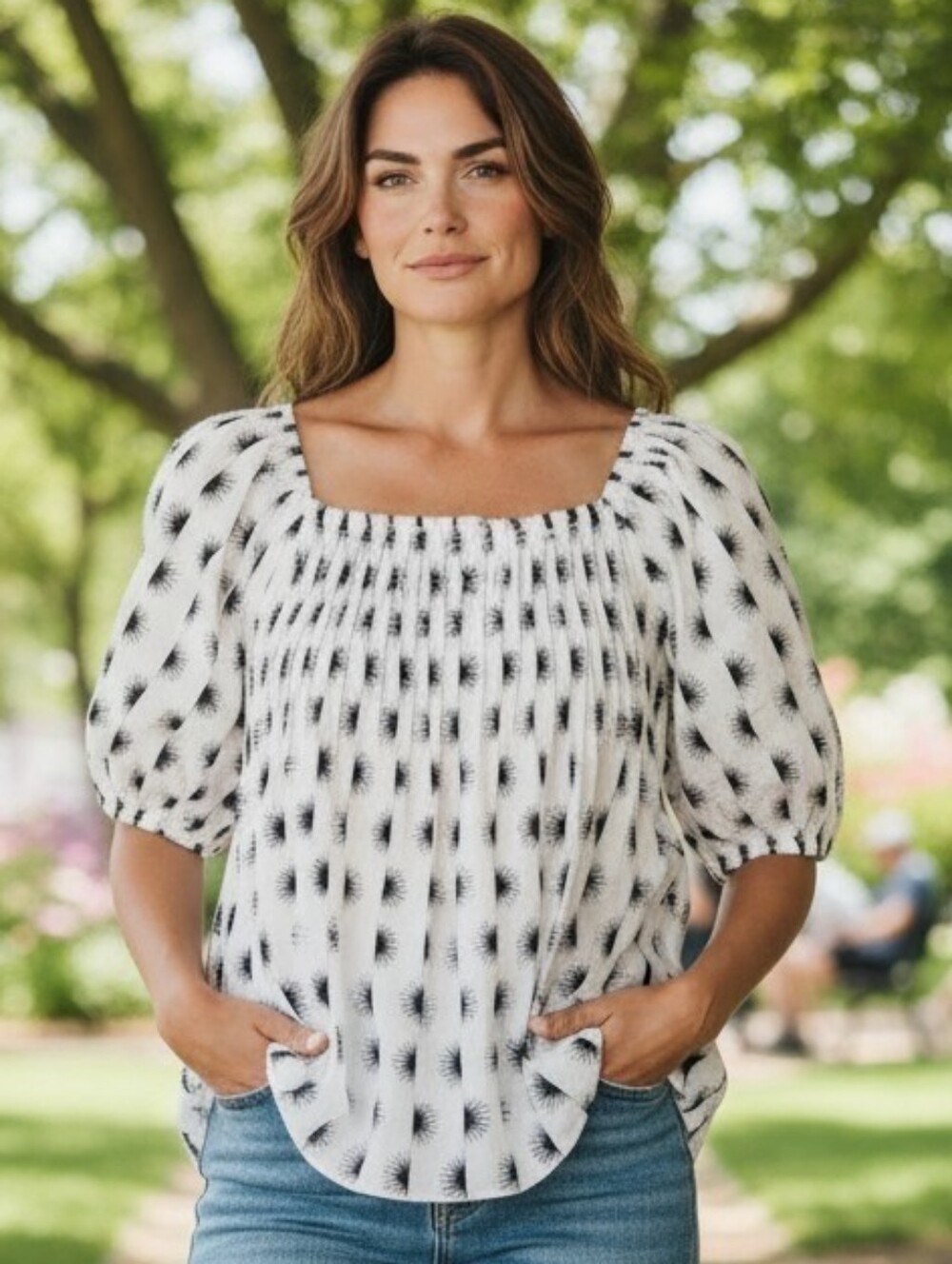 Lane Bryant Cotton Black & White Sunburst Puff Sleeve Blouse